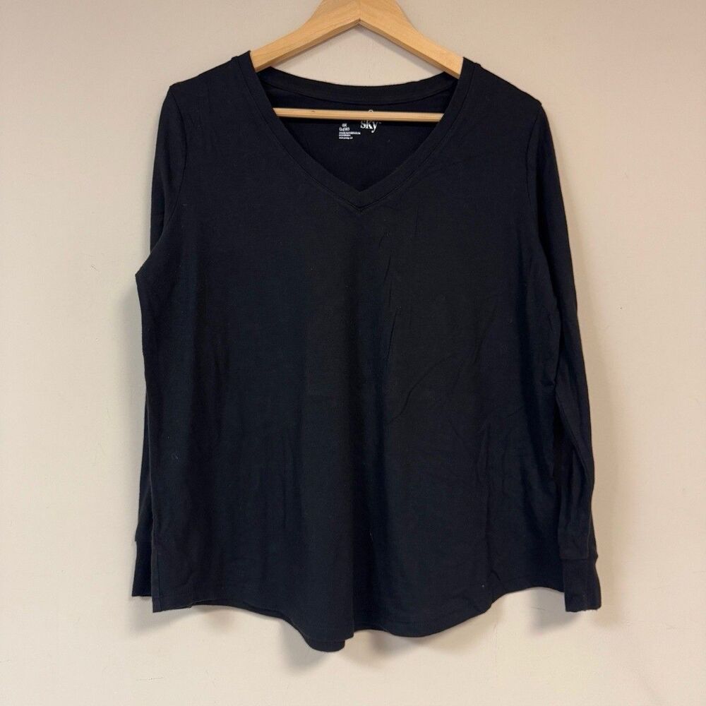Classic Black Shirt Womens 0X Casual Long Sleeve V Neck Minimalist Chic Neutral